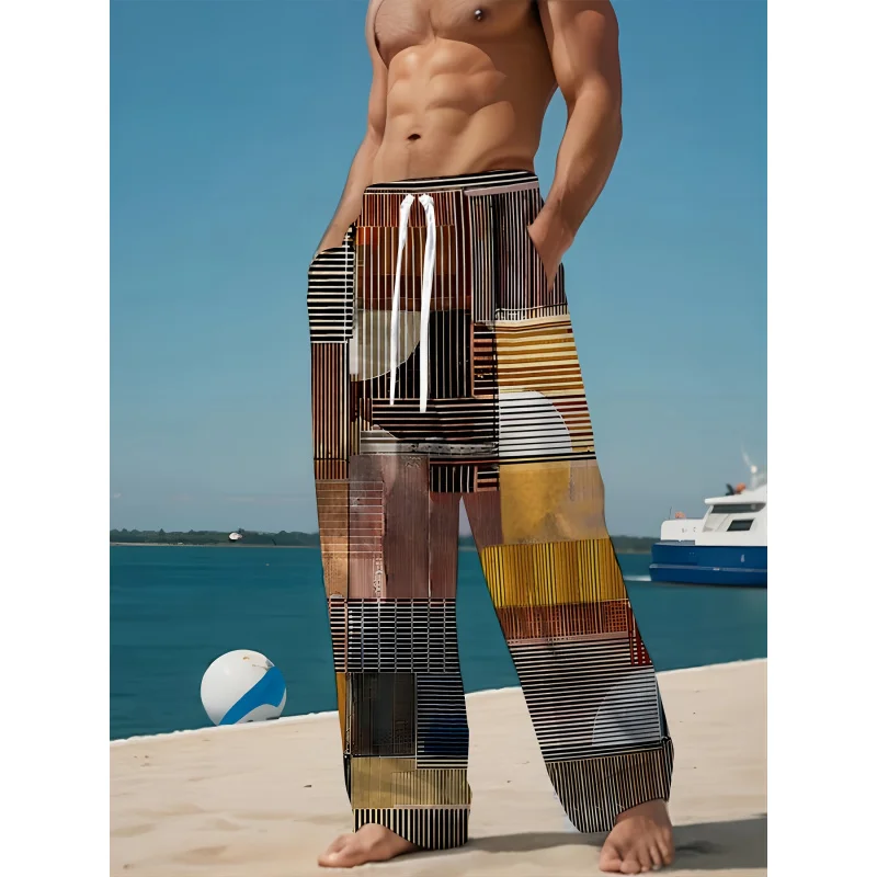 Men's Color Block Casual Pants - Lightweight Quick-Dry Summer Trousers With Drawstring Waist For Beach Outdoor Travel