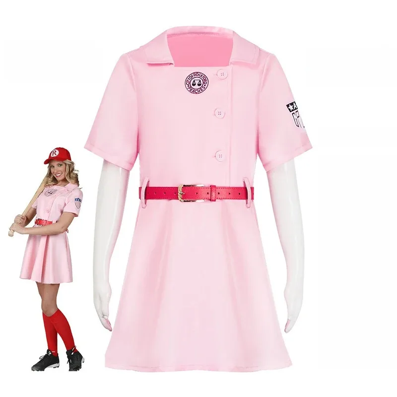 

A League of Their Own Pink Dress Rockford Peaches Cosplay Pink Dress Belt Hat Costume Takerlama Full Set Clothes Women Girls