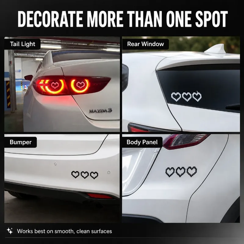 6Pcs Retro Pixel Heart Car Decals, 8-Bit Vinyl Stickers, Waterproof Removable for Tail Lights, Windows & Bumpers, 5 Colors