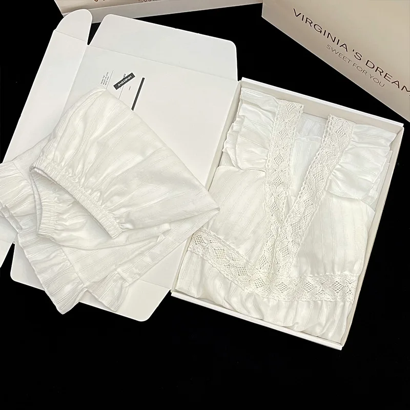 Ling Summer Style Girl\'s 100% Pure Cotton Shorts V-Neck Ice Silk 2 Pcs Homewear Soft With Bra Pad Pajamas for Women Home Set