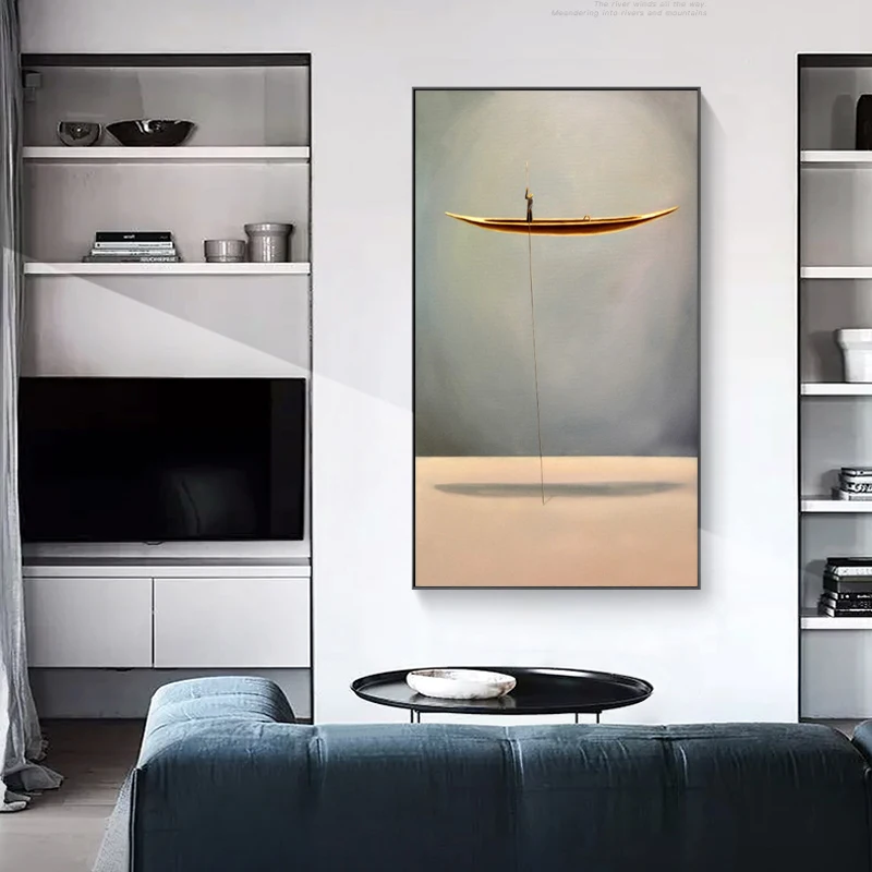 Golden Boat Abstract Creative Lonely Thinker Canvas Painting Posters and Prints