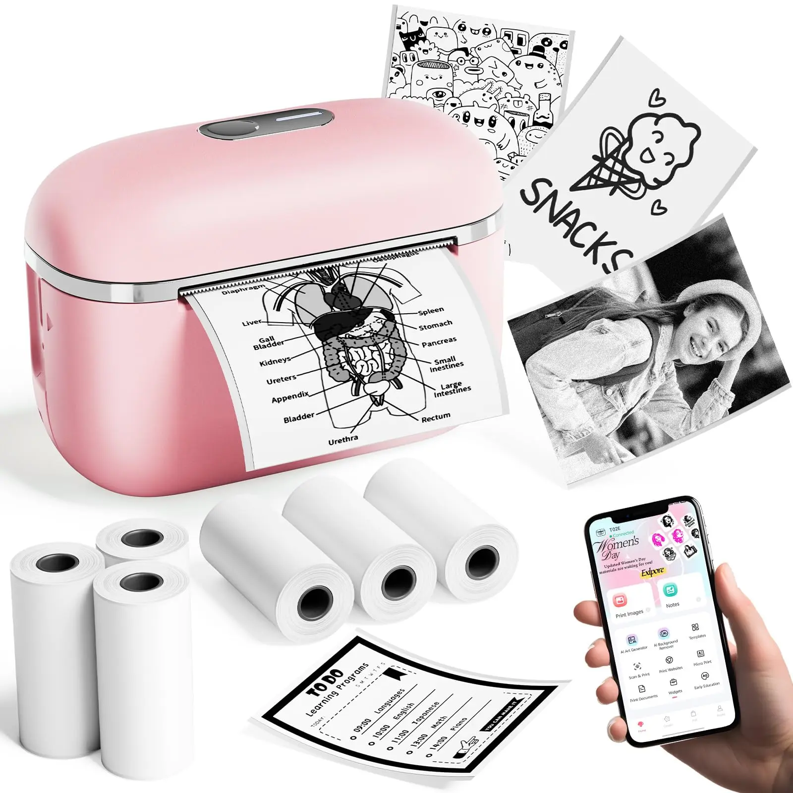 Mini  Thermal Printer T02E, Portable Inkless Sticker Label Printer, Compatible with iPhone Android for Students Kids