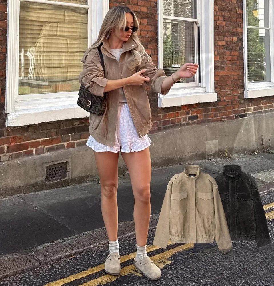 

KONDALA женская осенне-зимняя замшевая куртка пальто High Street повседневное свободное пальто 2025 модная куртка на молнии с воротником-стойкой для женщин