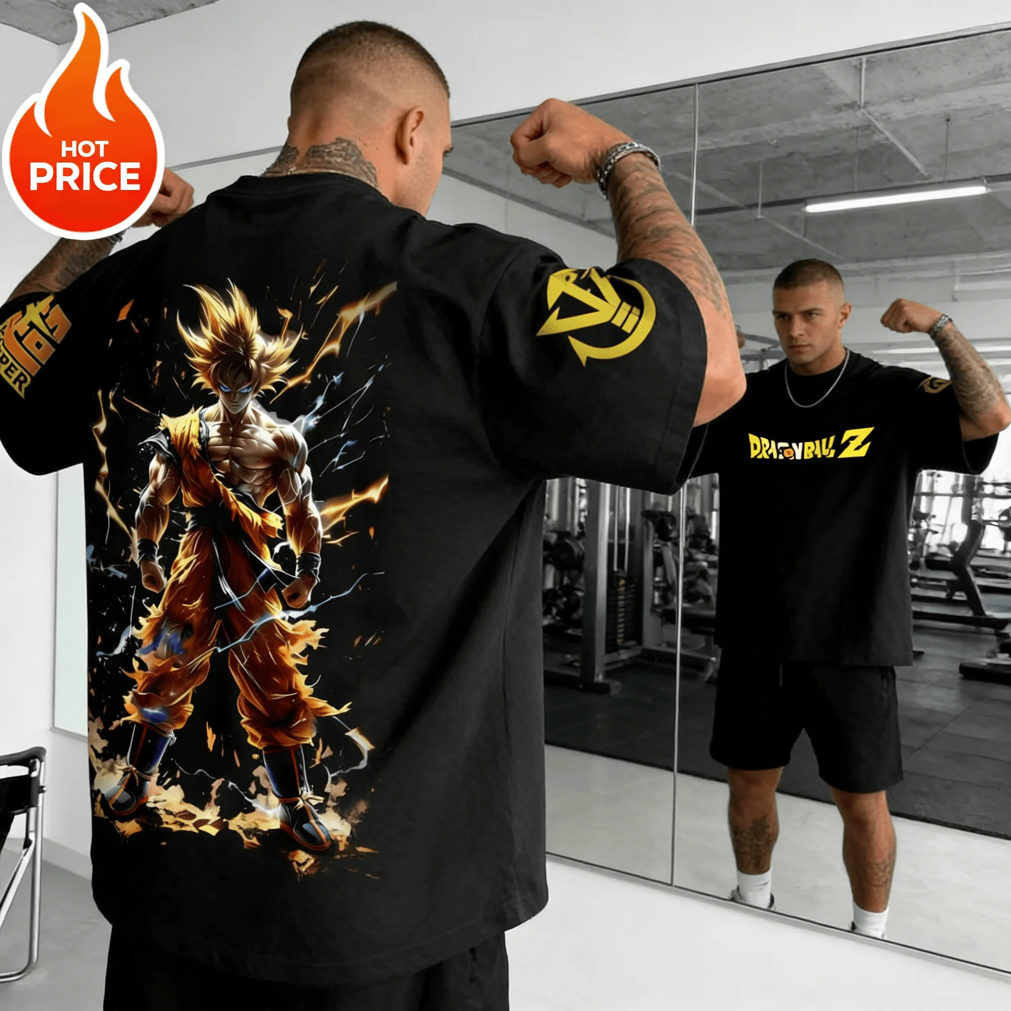 Dragon Ball Goku Golden Lightning Surge Print Baumwoll-Oversize-T-Shirt für Männer und Frauen, lässige, lockere Passform, Unisex, Anime-Grafik-Top