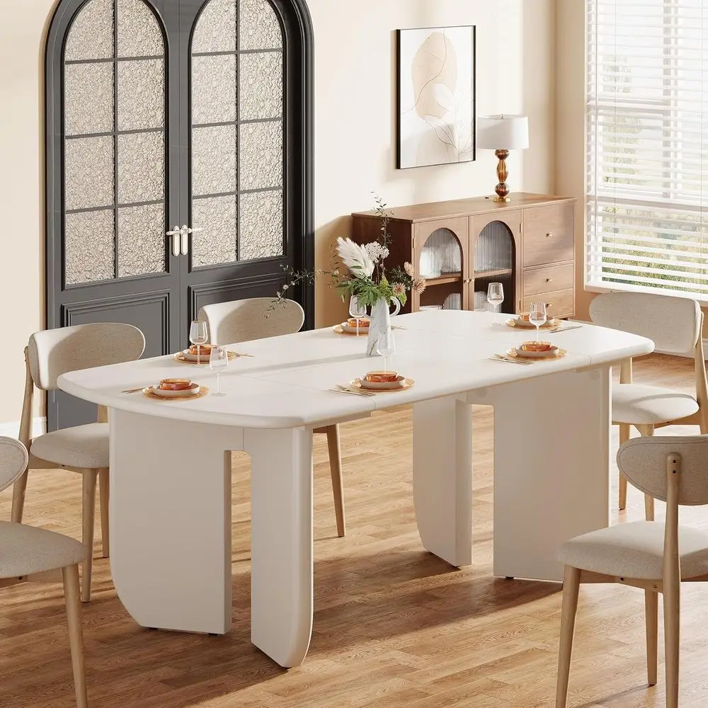 63 White Large Dining Table for 4-6, Rounded Edges, Suitable for Kitchen or Dining Area