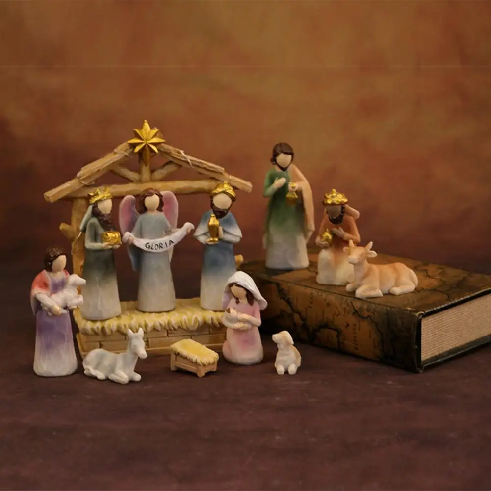 

Набор рождественских вертепных сцен, набор рождественских украшений, 12 шт., светодиодный набор вертепных сцен с фигурками из смолы, ангел для дома и семьи