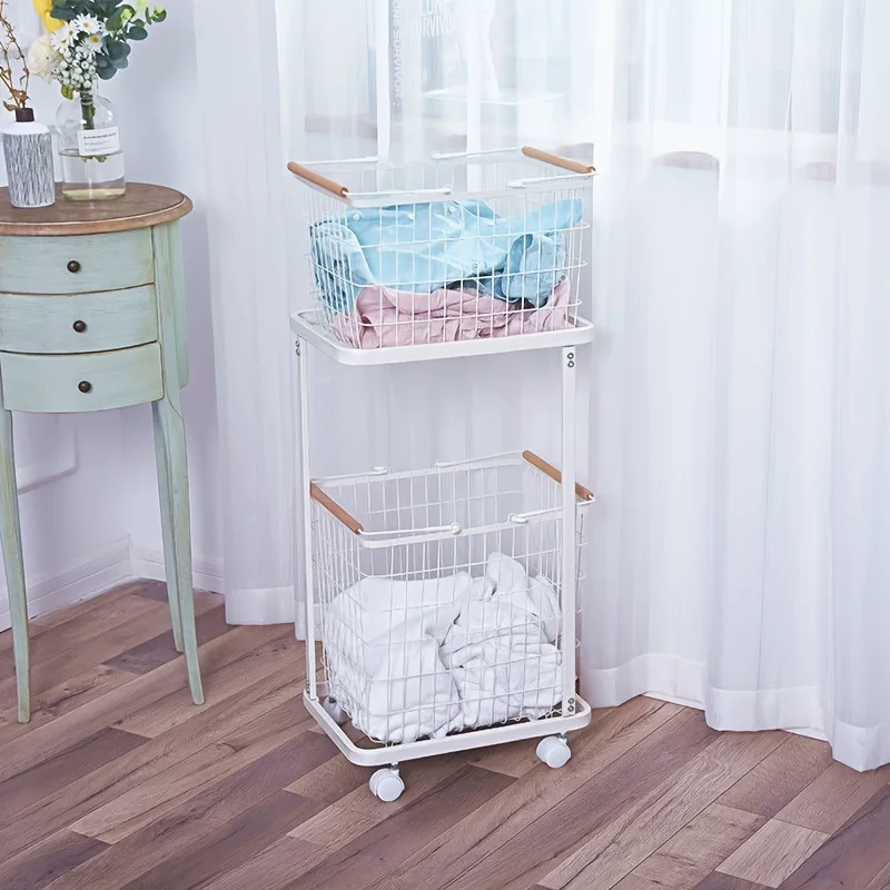 

2-Tier Laundry Cart with 3 Separate Baskets - Durable Metal, Round Handle, White and Light Blue, 56L Capacity
