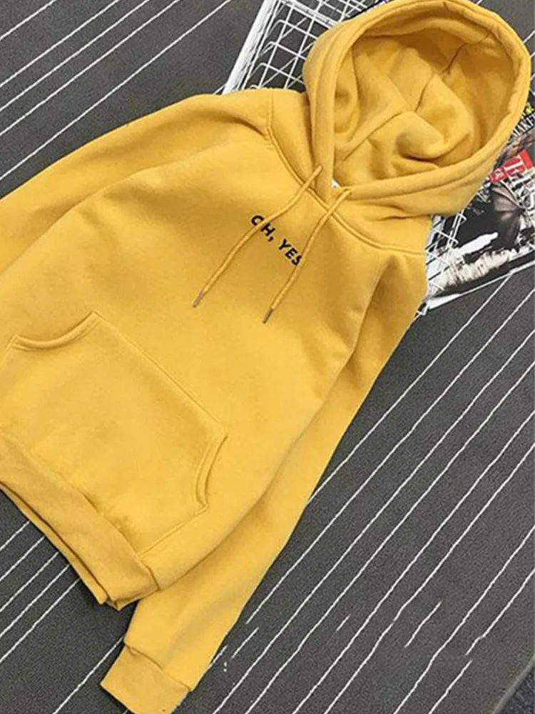 Autumn Winter Fleece Oh Yes Letter Harajuku Print Pullover Thick Loose Women Hoodies Sweatshirt Female Casual Coat