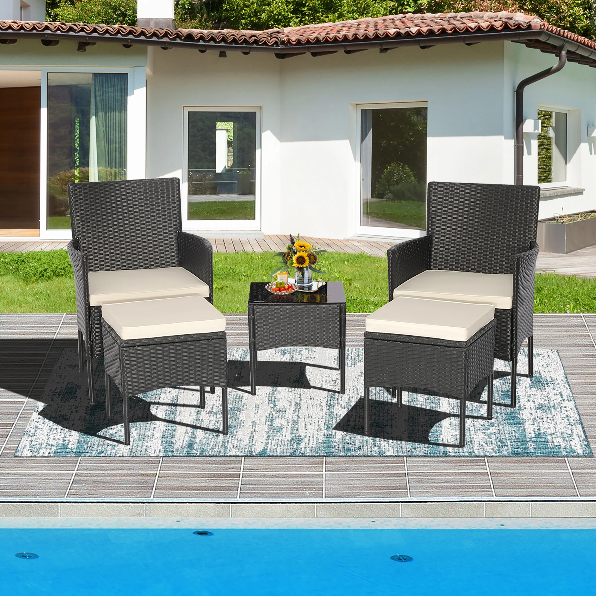 

5PCS Patio Rattan Furniture Set Cushioned Sofa Ottoman Armrest Side Table Garden