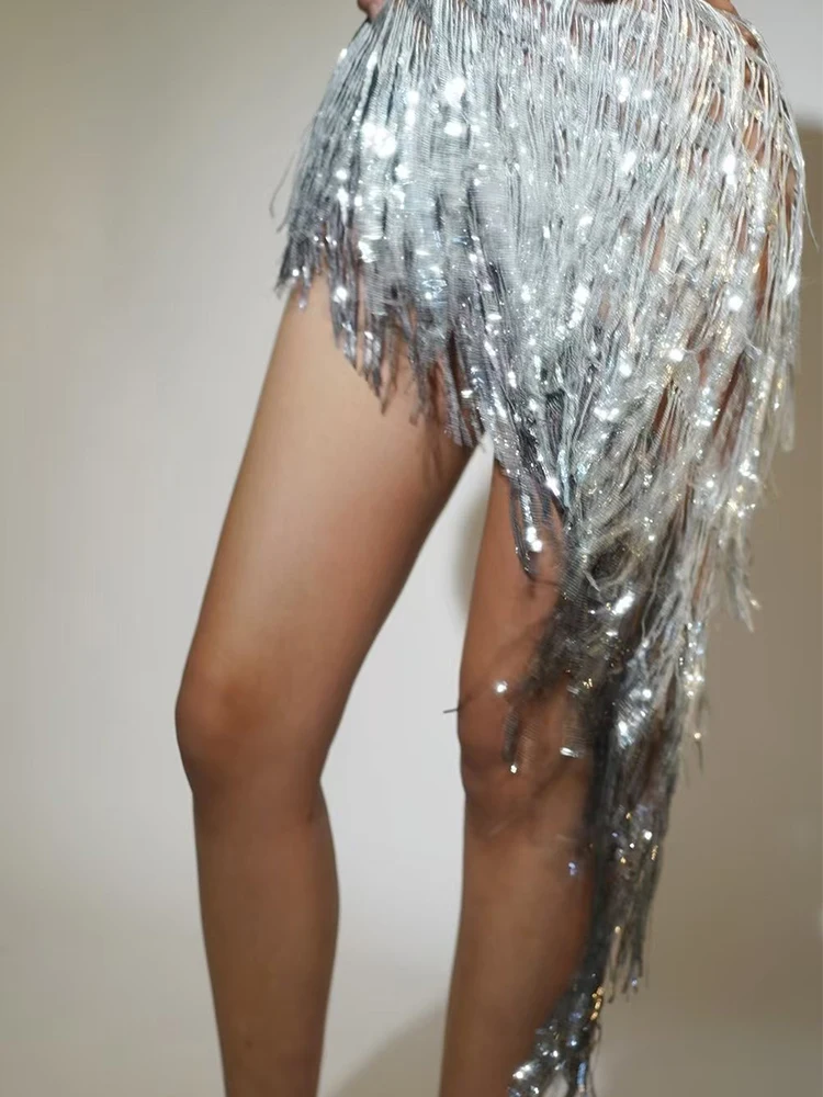 Sexy Women Dress Silver Fringe Rhinestone Performance Outfit Birthday Party Rave Outfit Gogo Show Stage Dance Costume VDL3937