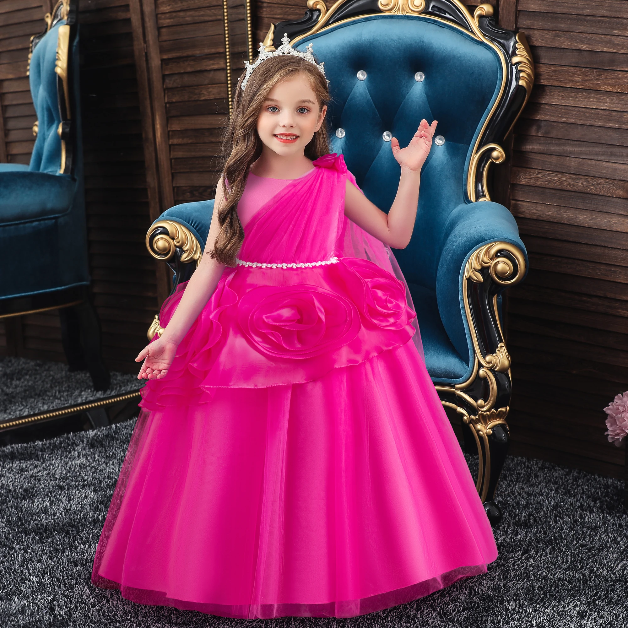 Nuovo vestito da principessa soffice in rete da ragazza senza maniche con fiore grande per abbigliamento da festa di compleanno per bambini da 3 a