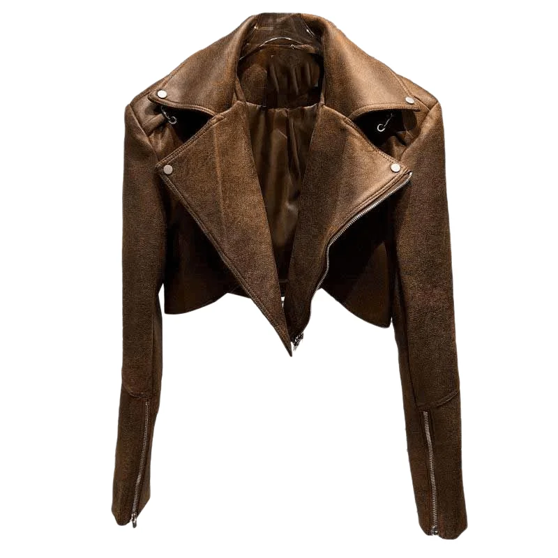 Wyszczuplająca skórzana kurtka damska o luźnym kroju, modna kurtka motocyklowa, wiosna 2026, długi rękaw, oryginalny design, wysoka jakość.