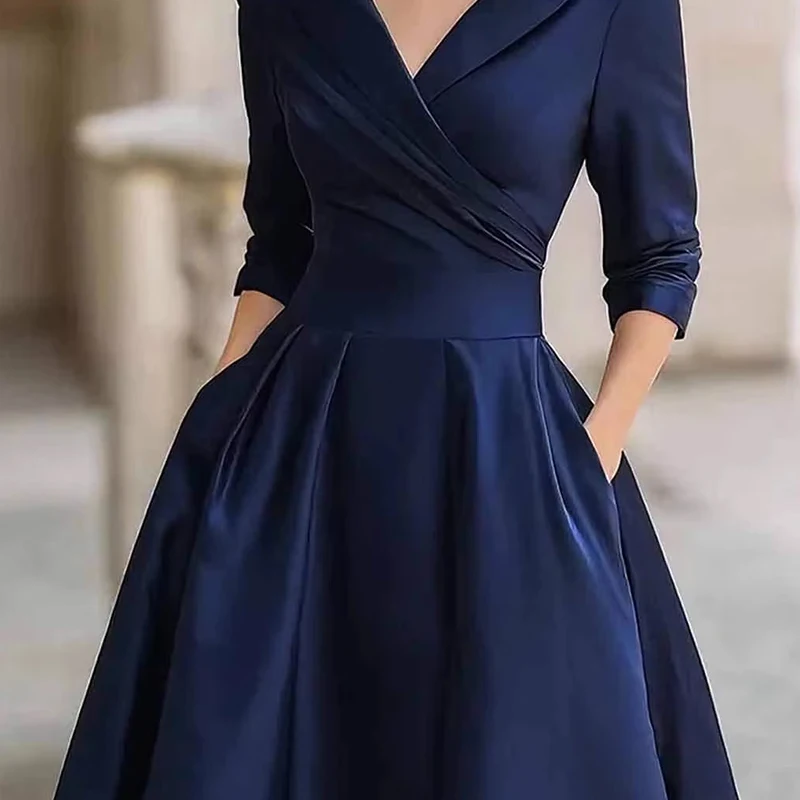 أوروبا أمريكا الخريف طويلة الأكمام التلبيب ثنيات ضئيلة النساء اللباس السيدات الملابس أزياء عالية الخصر جيب ألف خط فساتين لحضور الحفلات الموسيقية