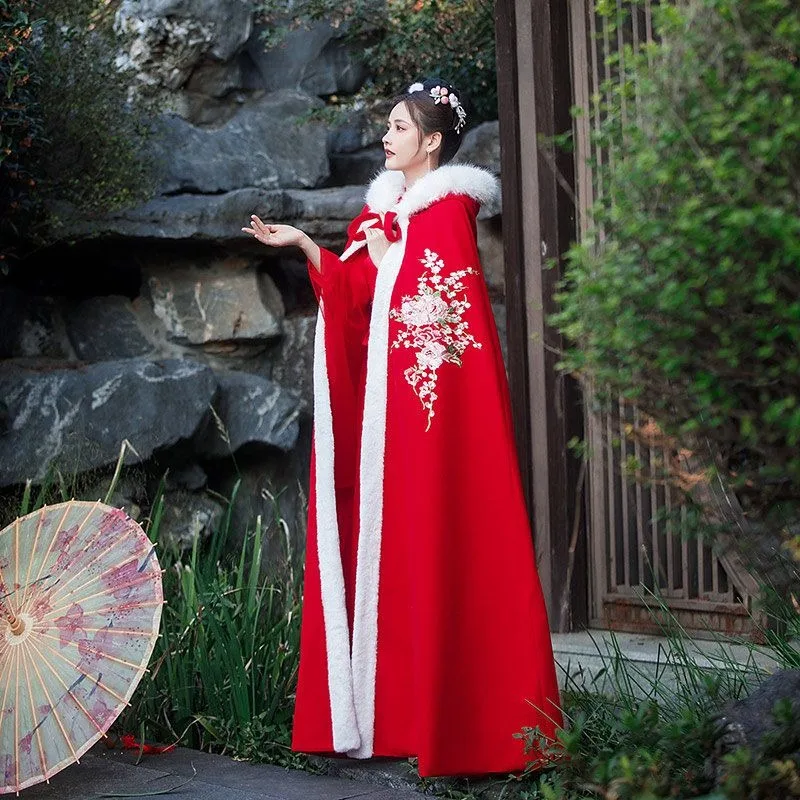 

Женский зимний костюм Hanfu в древнем китайском стиле, утолщенный флис на Новый год, красное укороченное платье невесты, накидка и шаль