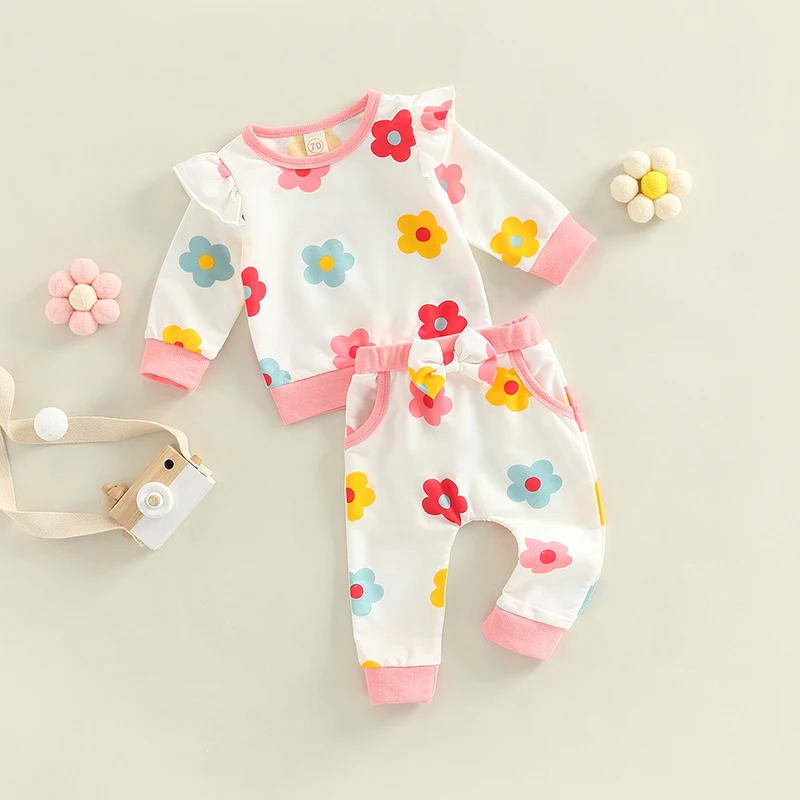 Adorabile set di vestiti per neonata in 2 pezzi con stampa floreale con volant a maniche lunghe, pantaloni comodi, completo per neonati 0-24