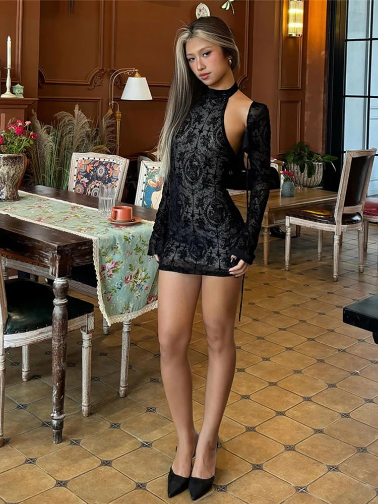 

Cutenew сексуальный прозрачный комплект из 2 предметов, женский жаккардовый бандажный узкий пальто с длинными рукавами + платье на бедрах персикового цвета, эластичная клубная одежда