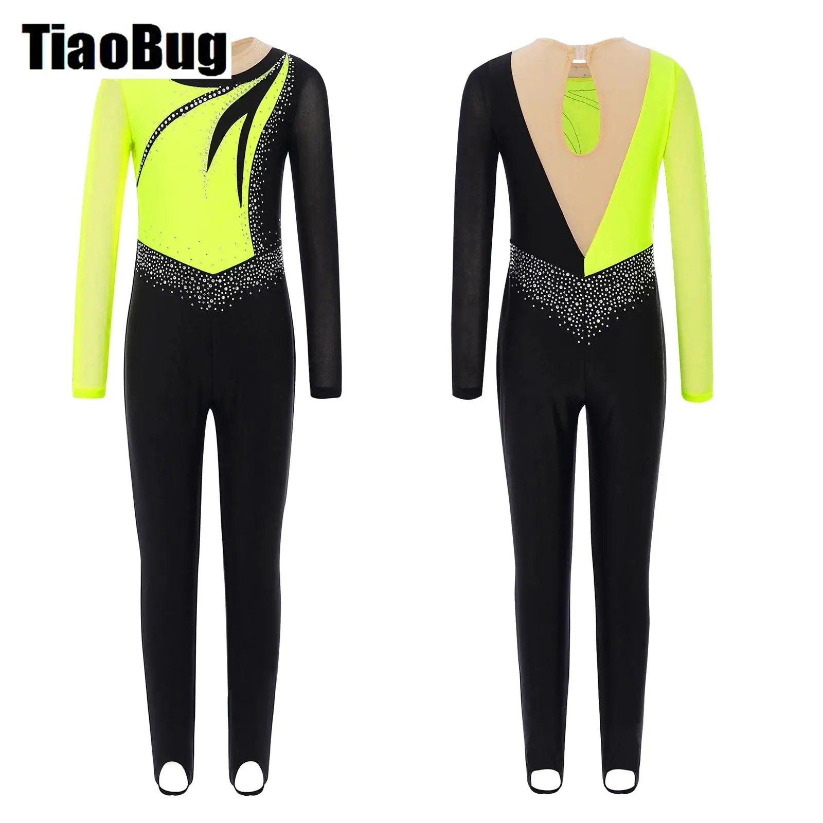 Mono de baile y gimnasia de manga larga para niñas, traje de malla de retales con bloques de Color y diamantes de imitación, leotardo de baile y Ballet, traje de patinaje
