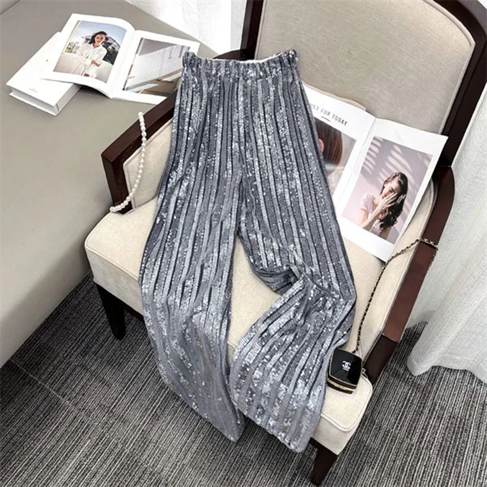 Sequins Pants Women Elastic High Waist Glitter Loose Wide Leg Trousers Vintage Fashion Full Length Shiny Straight Pant Female