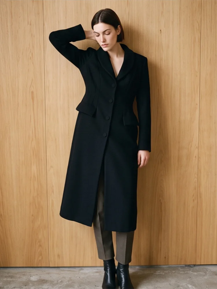 Long Soft Woolen Women Coat Lapel Single Breasted Casual Fitted Waist Tailored Slim Overcoat Autumn Lady Office Formal Outwear