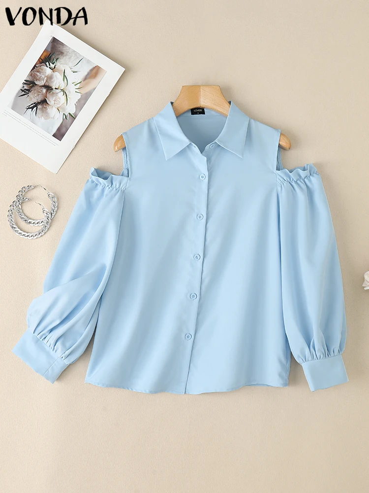 プラスサイズ 5XL VONDA ファッションシャツ 2025 夏 レディース エレガント OL ブラウス カジュアル 無地 チュニック トップス コールドショルダー ランタンスリーブ ブラウス