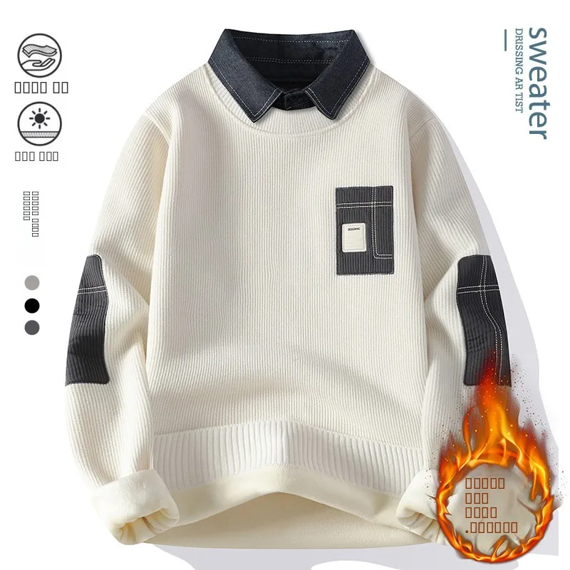 Men's Faionable Plu Knitwear Casual irt Collar Warm Winter Sweater One-Piece Color Blo Design Youth Straight Cut Fit