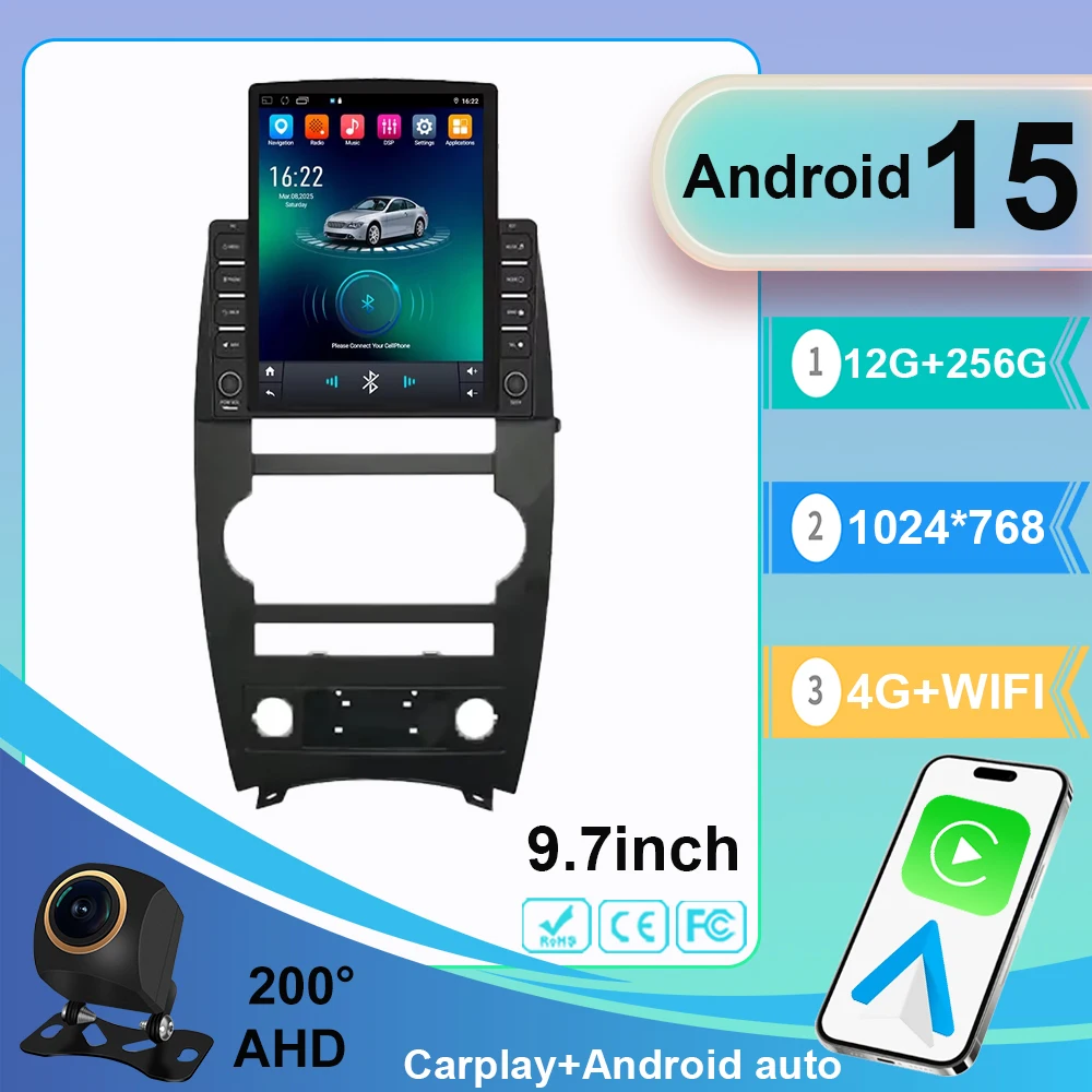 9,7 Android 15 Carplay Auto para Jeep Cherokee Commander XK 2005 2006 2007 2008 - 2011 Radio de coche reproductor Multimedia GPS estéreo