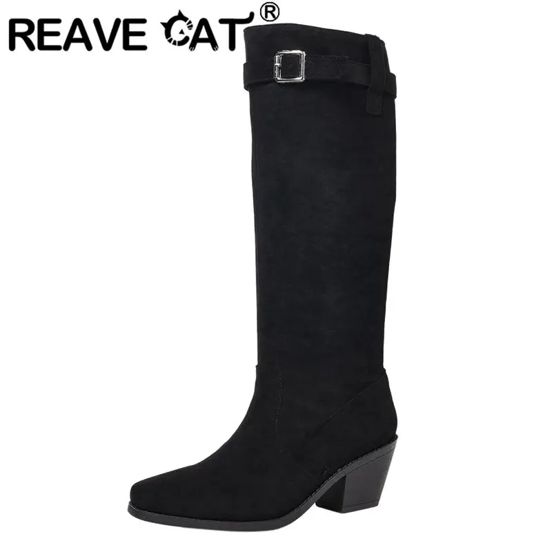 

REAVE CAT Flock Suede Women Knee High Boots Square Toe 6cm Block Heels Slip On Belt Buckle Plus Size 43 44 45 Leisure Daily Bota