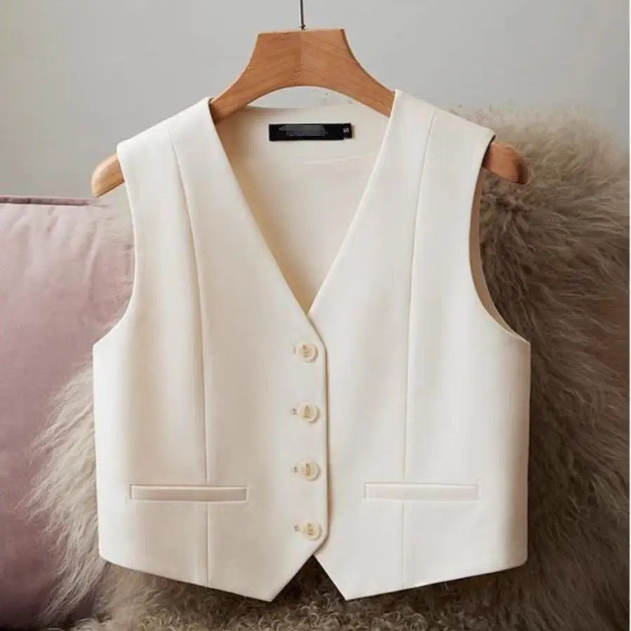 

White Black Suit Vest Jacket For Women 2025 New Summer V-neck Short Style Sleeveless Jacket Fashion Lined Blazers Vest Waistcoat