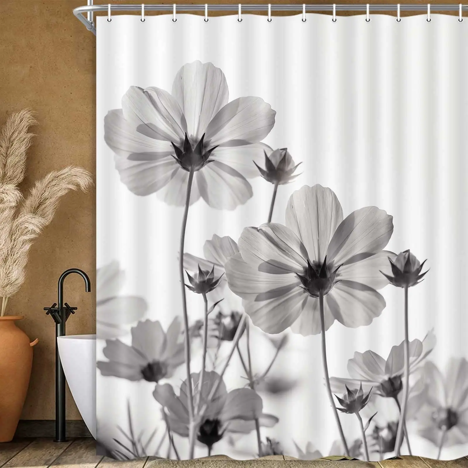 Ink Painting Flower Decoration Bathroom Curtain Elegant Daisy Shower Curtain Polyester Waterproof Decoration Curtain Hooks