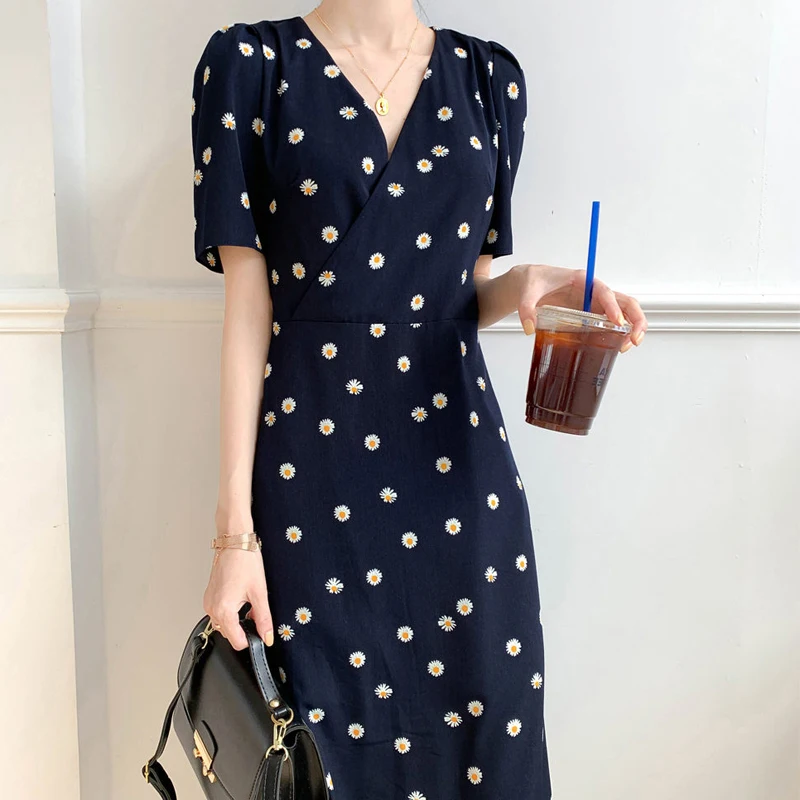 French Daisy Floral Printed  V-neck Party Mid Dress Women 2021 Summer Autumn Elegant Office Ladies Vintage Slim Bodyone Dresses