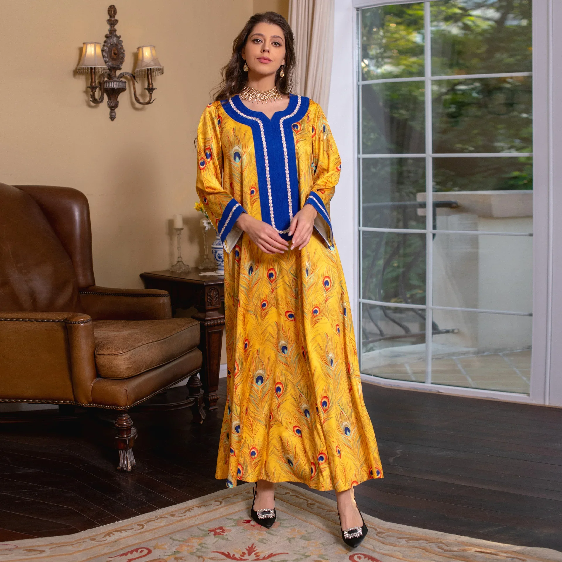 Moslim Jalabiya Arabische Print Strass Moslimvrouwen Abaya Etnische Kleding Jurk Gewaad Hoge Taille Lange Losse Maxi