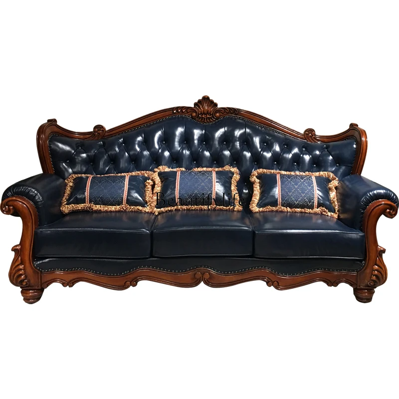 

American solid wood leather sofa light luxury European leather villa carving combination