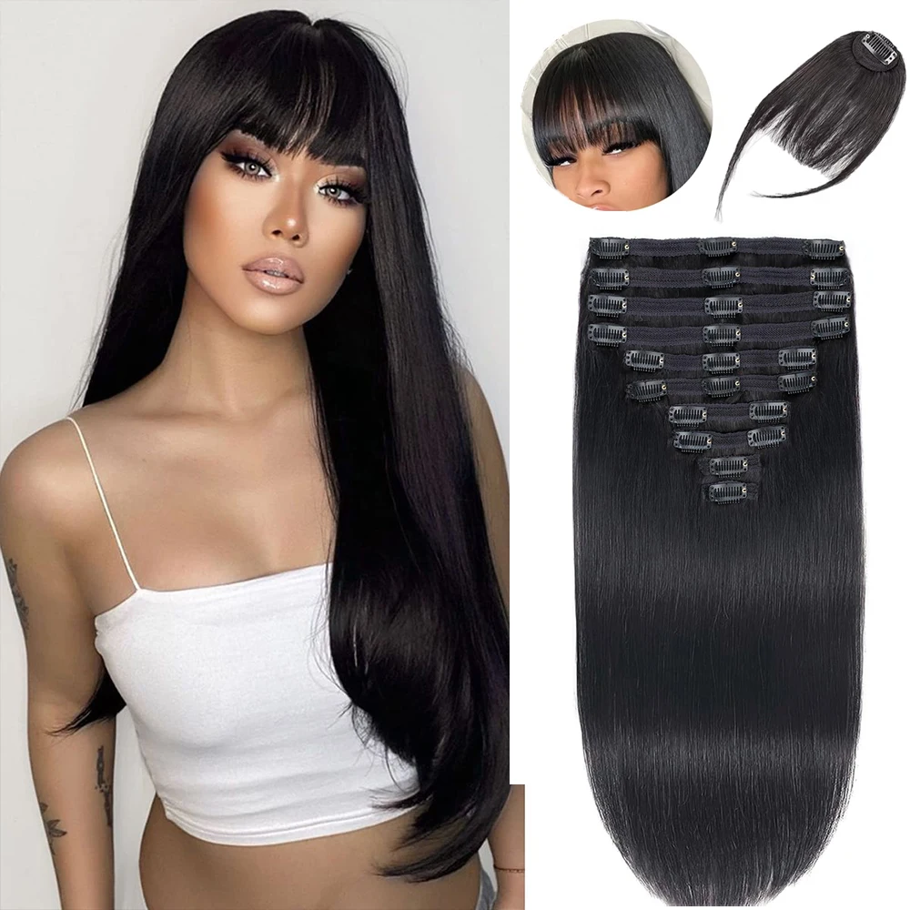 

Прямые заколки для наращивания волос, бразильские 100% настоящие заколки с невидимыми краями, человеческие волосы, 10 шт. и 14, 18 дюймов для чернокожих женщин