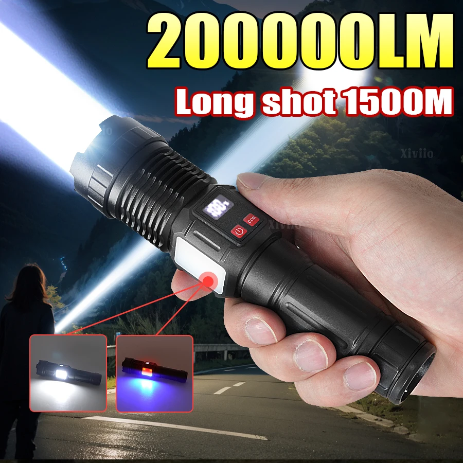 200000LM عالية قوة مصابيح كاشفة بلمبات LED مع عرض قابلة للشحن مصباح يدوي قوي التكتيكية الشعلة مصباح فانوس التخييم