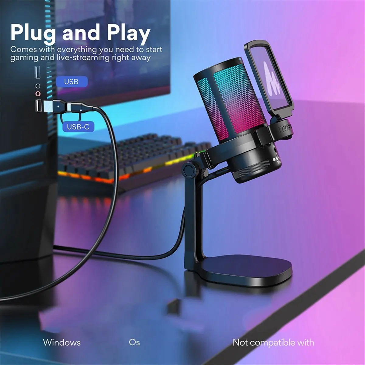 M85K  DGM20 Gaming Microphone,USB Microphone Condenser Mic RGB Gaming Mic with Noise Reduction Software,Mic Gain,One Key Mute