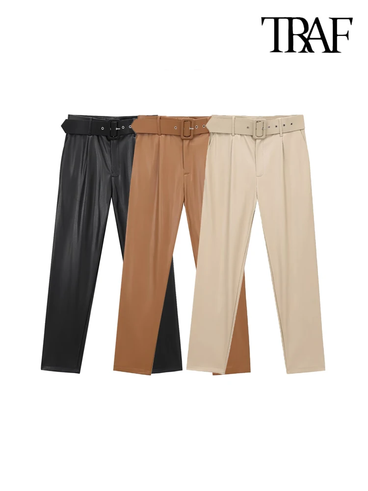 TRAF Women Fashion With Belt Faux Leather Pants High Waist Zipper Fly Female Trousers