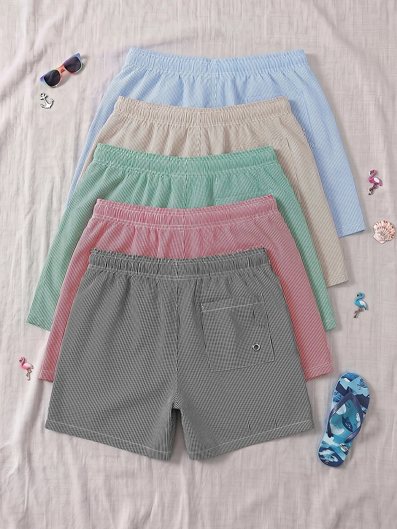 5 Piece Set Men's Striped Beach Shorts with Mesh Liner Summer Casual Board Shorts with Pocket Quick Dry Swim Trunks Bathing Suit