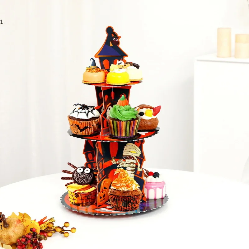 New Halloween Dessert Stand Display Cake Stand Ghost Party Decoration Supplies Paper Three Layer Cake Stand