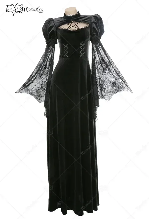 Meowcos Women Evil Witch Gothic Spider Web Flared Sleeve Long Dress Elegant Woman Halloween Dress Cosplay Costume view 2