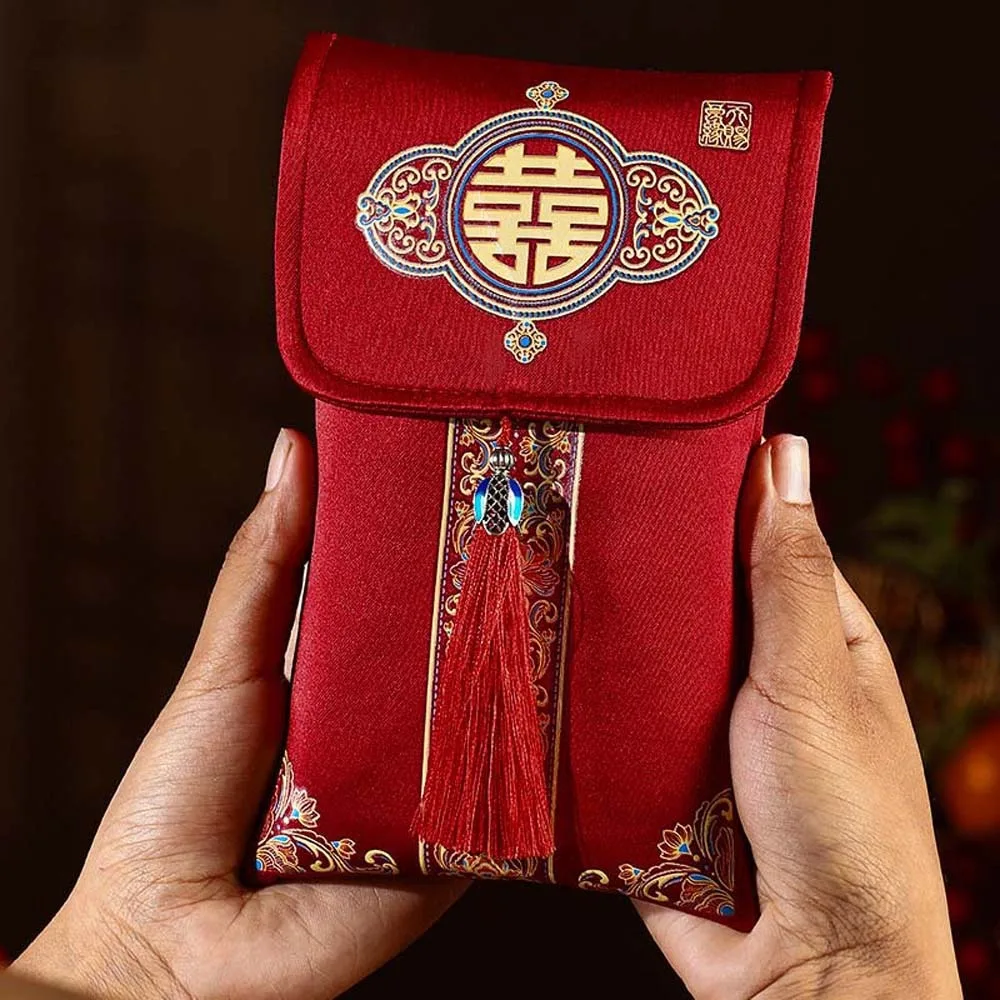 New Year Blessing Words Brocade Red Envelope Best Wishes Spring Festival 2025 Money Pocket Brocade Cloth Tassel HongBao