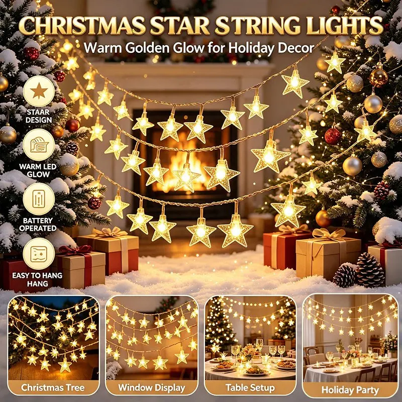 Warm White Star Fairy Lights, Battery Powered String Lights for Bedroom Xmas Tree Wedding Party Home New Year Indoor Decoration