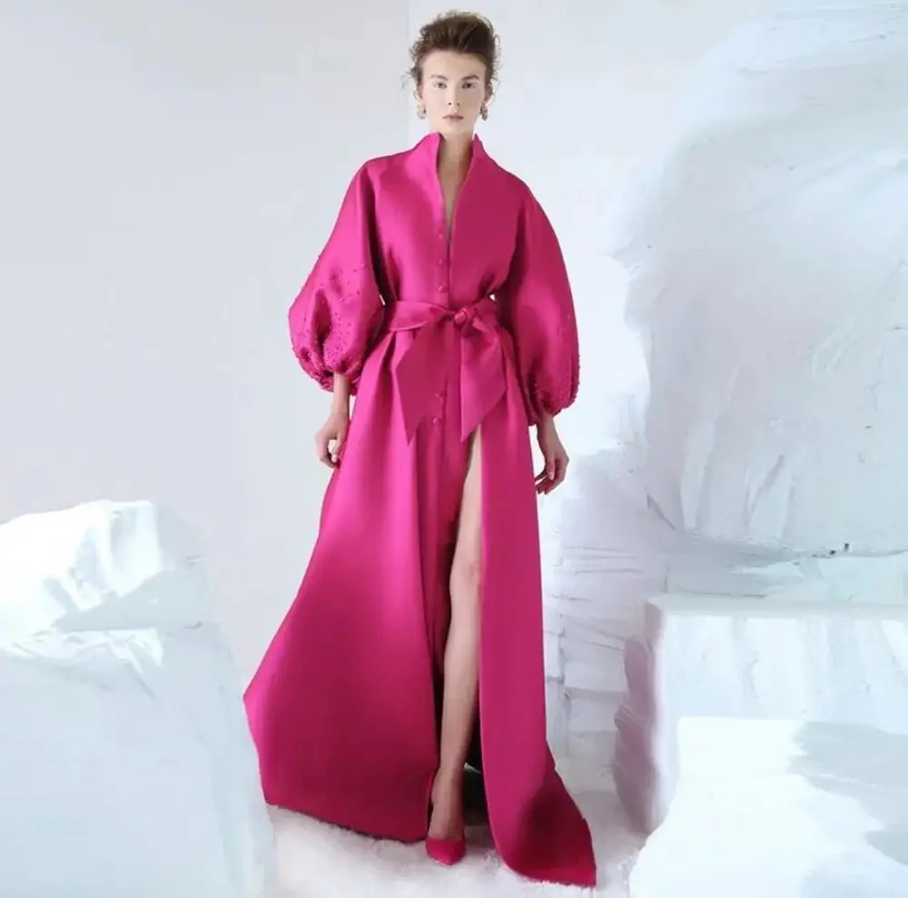 Special Designed 2023 Spring Prom Gowns Flare Sleeves Pleated Fuchsia Formal Dresses Beading V Neck Abiye robe de soiree