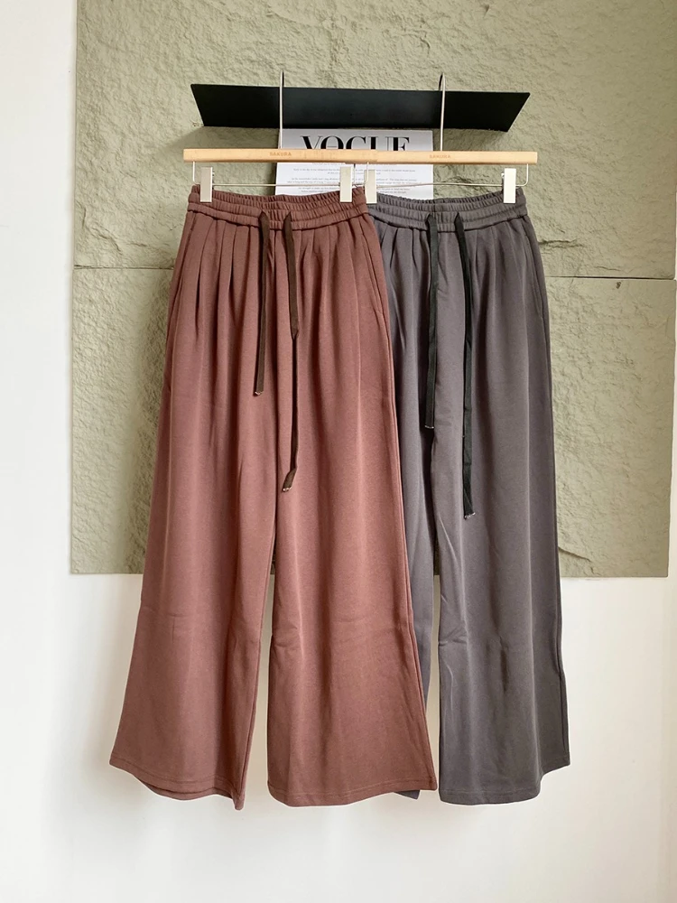 النسخة الكورية بسيطة عالية الخصر الرباط معلقة يشعر السراويل عارضة تنوعا اليومية التنقل السراويل واسعة الساق للنساء