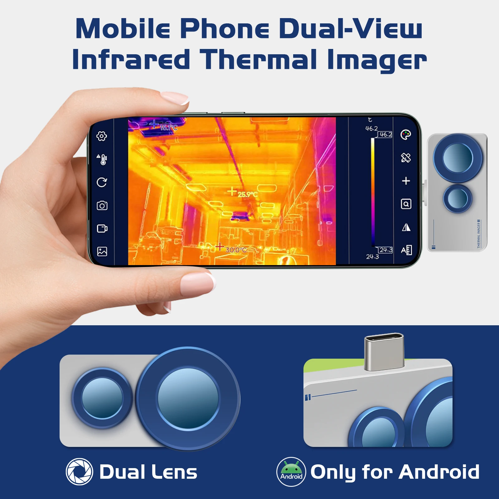 Wärmebildkamera für Android-Smartphones, 256x192 IR-Auflösung & 640x480 Sichtkamera, 25Hz Temperaturalarm, Typ-C-Schnittstelle