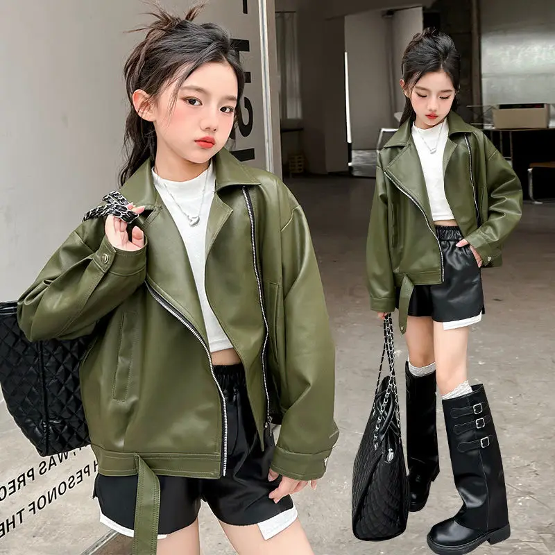 

Black Brown Faux PU Leather Short Jacket Boy's Coat Tunic Girls Outerwear Zipper Motorcycle Autumn Fashion Biker Clothes XMP42