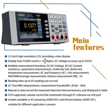 OWON XDM1041 XDM1241 Tisch-Digitalmultimeter 55.000 Zählungen True RMS 3,5 Zoll LCD-Strom Voltmeter Temperatur