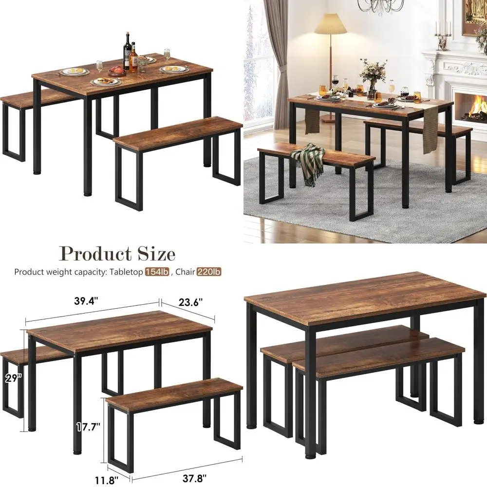 

Компактный набор прямоугольных обеденных столов в индустриальном стиле на 4 человека, коричневая столешница и черный металлический каркас, простой и современный дизайн