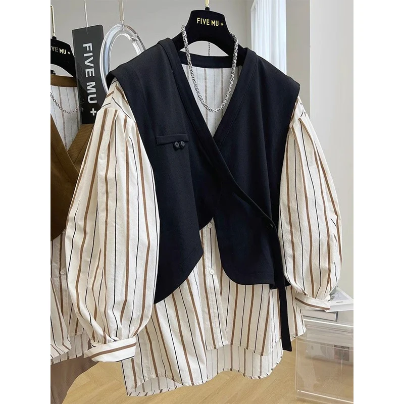 Spring Autumn New Fake Two Pieces Shirt Women V-neck Long Sleeve Fashion Button Patchwork Cardigan Striped All-match Y2K Tops