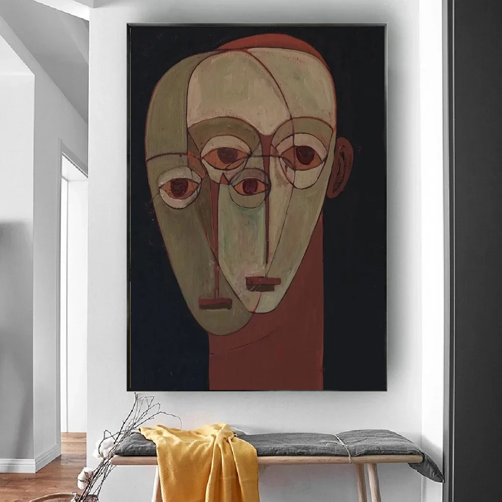 Hand-Painted Oil Painting on Canvas Wall Art Decor for Living Room, Mid-Century Split Face Abstract Figure Textured Canvas Art