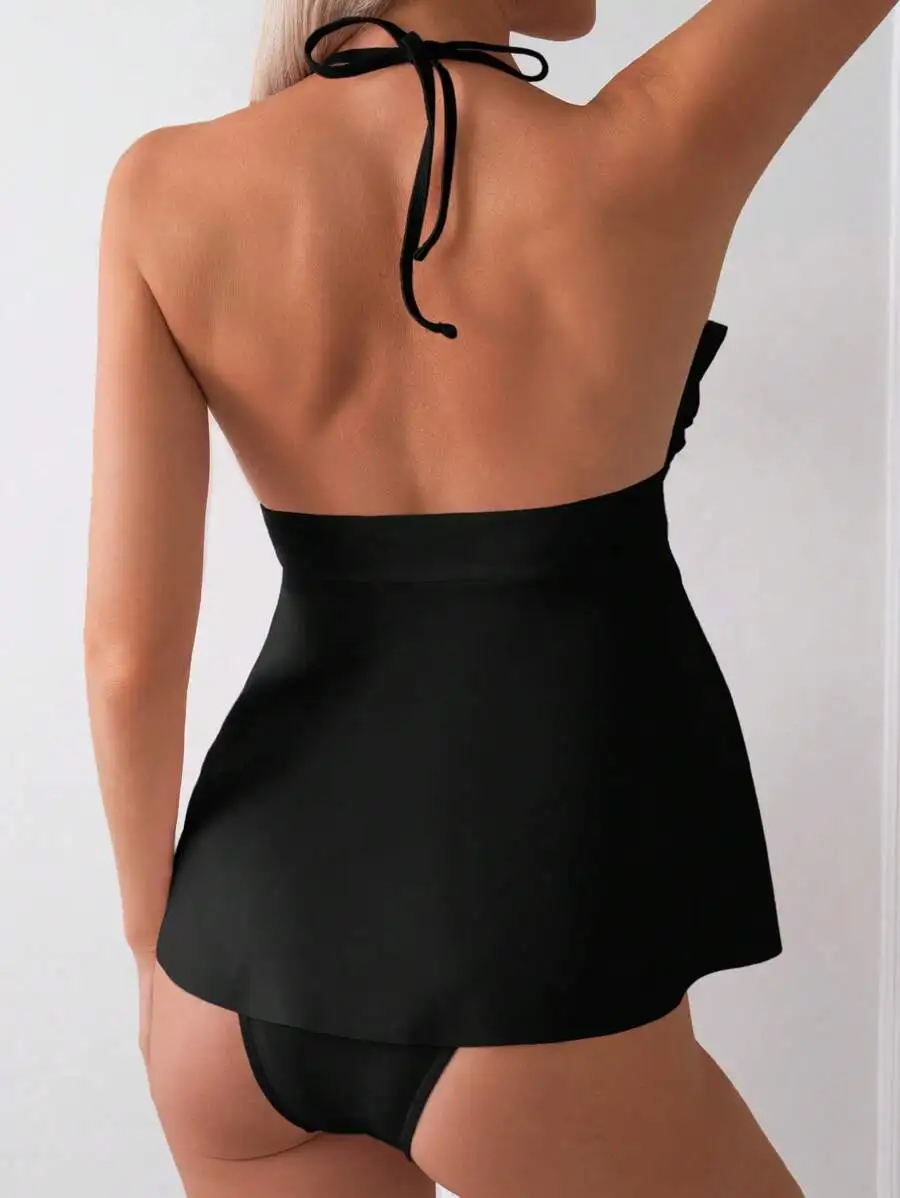 

Solid Color Ruffle Trim Halter Neck Tankini Swimsuit Set For Women